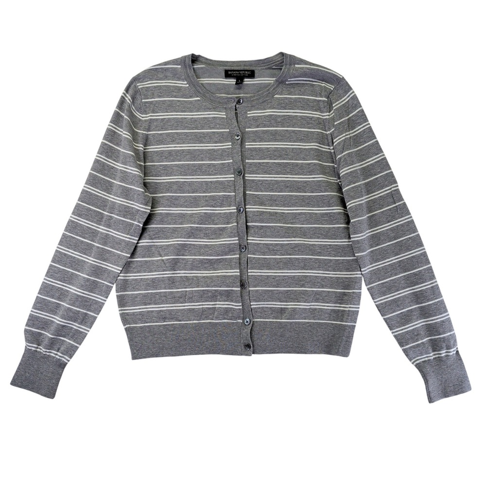 Banana Republic Womens Large Gray Striped Stretch Cotton Button Cardigan Sweater